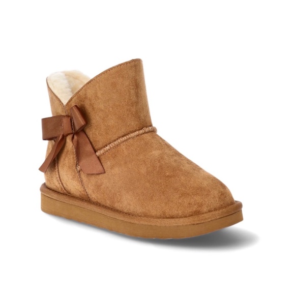 Girls faux suede ankle Boots Bow Slip-On Brown Winter Shoes New - Picture 2 of 5